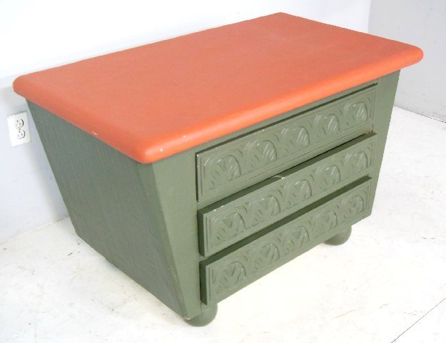 Paint decorated 3 drawer low carved chest