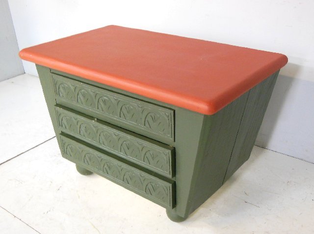 Paint decorated 3 drawer low carved chest - 2