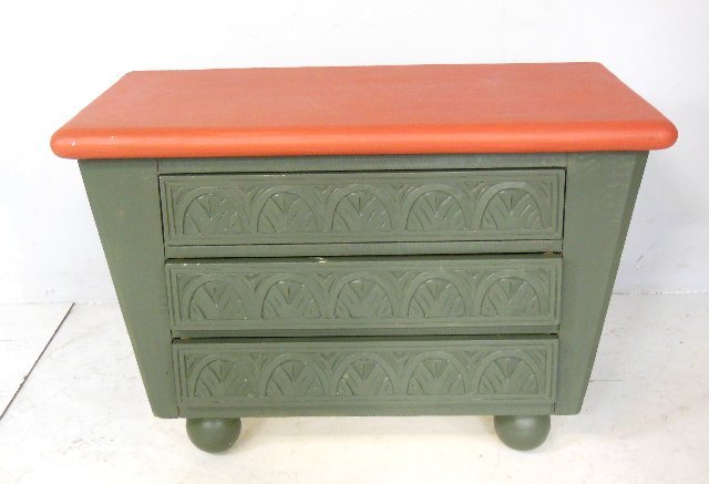 Paint decorated 3 drawer low carved chest - 3