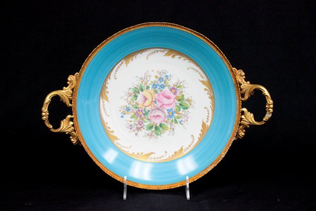Bronze mounted handpainted porcelain centerpiece: "Floral" design. Approx. 5.5" H x 17" across.