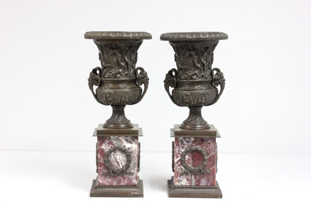 Pair bronze & marble castolettes: Approx. 19.25" H.