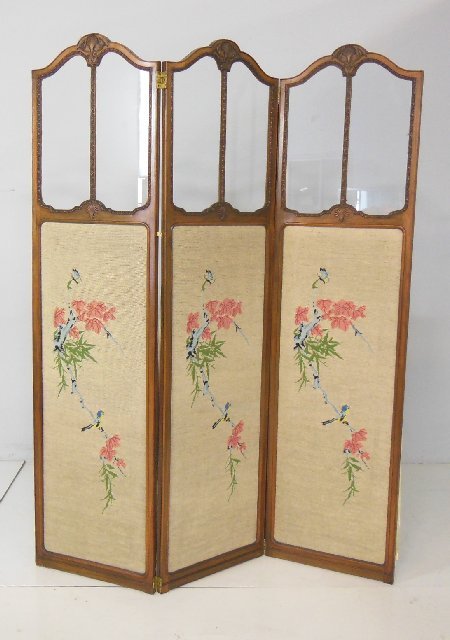 French carved 3 panel needlepoint screen: Rip in 1 panel. Approx. 70" H x 54" W.