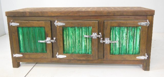 3 door wooden ice box: With disign on top. Approx. 26" x 60" x 21" D.