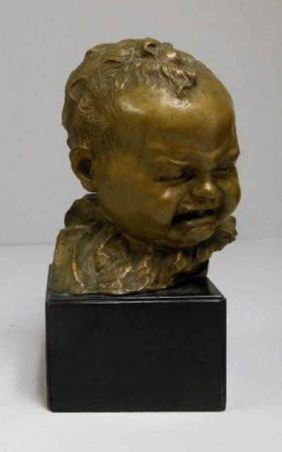 19th c. bronze bust "Baby Crying" artist signed: Bronze approx. 9" H, 13.5" H with marble base.