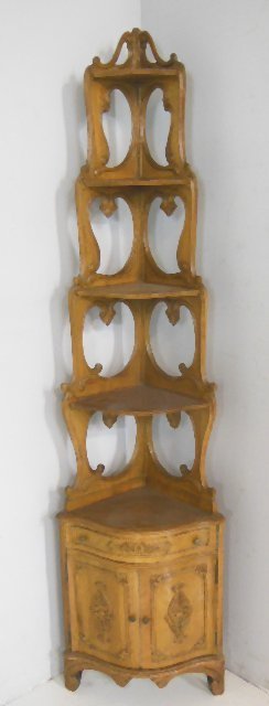 French provincial Comer etager: With "Leaf Tip" carving. Approx. 65" H x 17" W x 12" D.