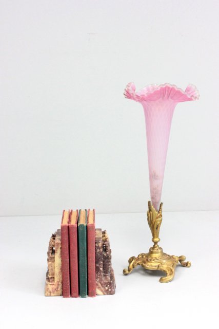 Pair carved soapstone bookends & 4 antique books: And frilled bud vase with opalescent glass insert & bronze base, approx. 14.5" H.