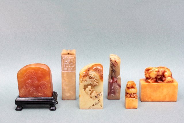 6 Chinese soapstone pieces: Carved with various "Figures". Various sizes, largest approx. 4" H.