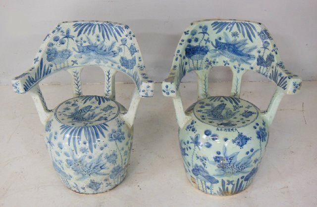 Pair Chinese porcelain blue & white garden chairs: Approx. 25.5" H x 22" W.