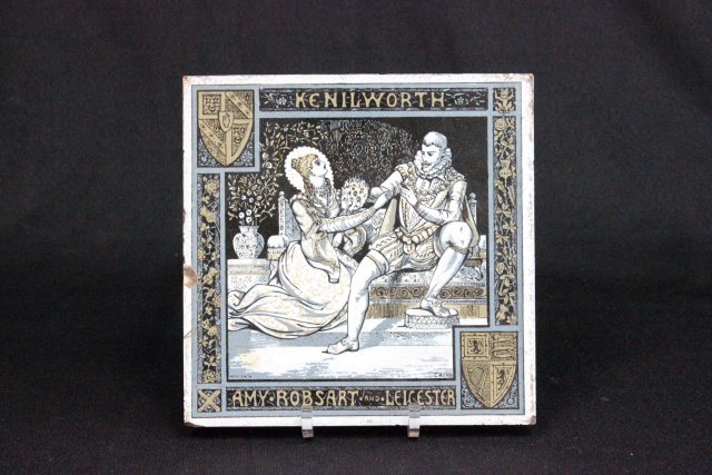 19th c. Minton stoke on trent tile: Depicting "Amy Robsart & Leicester; Kenilworth", with chips. Approx. 8" x 8". From the collection of a New Brunswick Victorian Mansion.