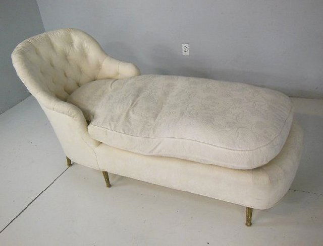 Louis XVI white chaise lounge: Button tufted with down cushion. Approx. 35" H (back) x 71" Long.