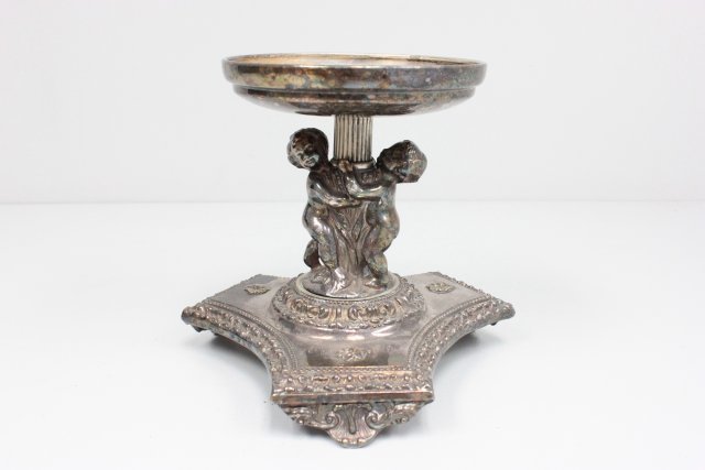 Silver plated figural compote base: Approx. 8.5" H. From the collection of a New Brunswick Victorian Mansion.