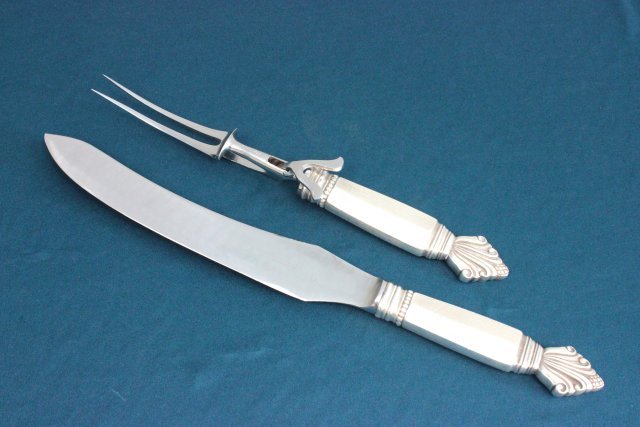 George Jensen sterling Denmark large carving set: "Acanthus" pattern. Fork approx 11 1/8" L, knife 14" L.