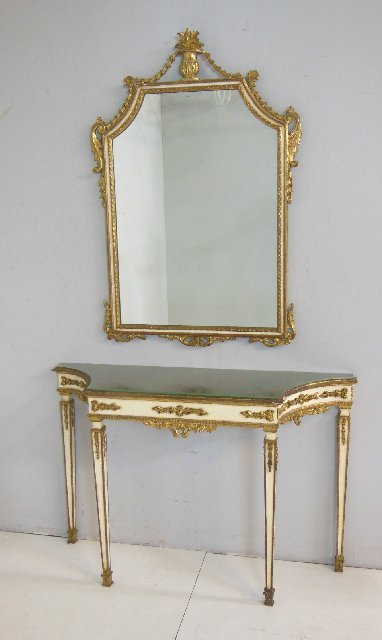 Vintage Italian painted carved console & mirror: Console approx. 48" W x 13.5" D x 31.5" H. Mirror approx. 45" H x 31" W.