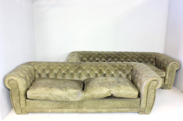 Pair sanguine green leather sofas: Original cost $3,800 each from ABC Carpets. Approx. 27" H x 103" x 38" D. From the Chateau des Thon, which originally was built and located outside of Dijon, France in the early 18th century.