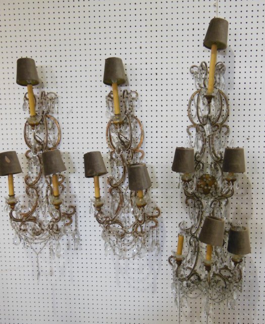 Set of 3 Venetian beaded sconces: 1- Approx. 48" H x 15" W. 2- 31" H x 14" W. From the Chateau des Thon, which originally was built and located outside of Dijon, France in the early 18th century.