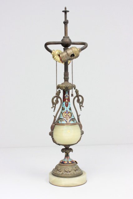 Antique French bronze champleve lamp: With enamel & onyx. Approx. 22" H to top of lamp.