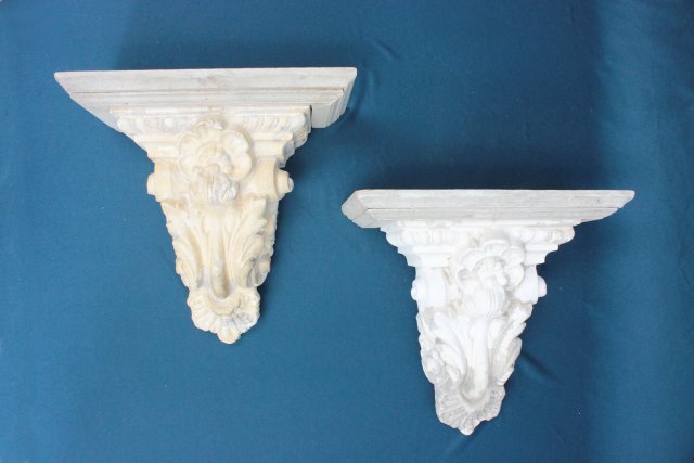 Pair cement & wood wall brackets ca. 1900: Approx. 12.5" H x 13" W x 6.25" Diam. From the Chateau des Thon, which originally was built and located outside of Dijon, France in the early 18th century.
