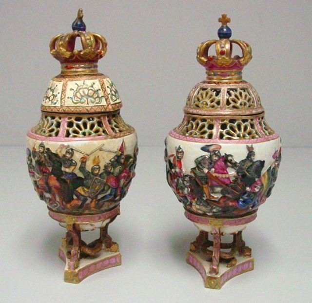 Pair capodimonte covered urns: As is. Approx. 12" H.