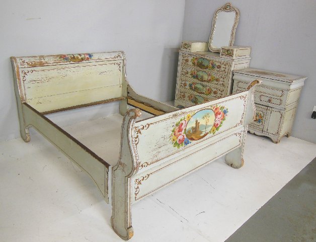 3 piece Victorian paint decorated bedroom set: Including: Bed, dresser with mirror & wash stand. From the Chateau des Thon, which originally was built and located outside of Dijon, France in the early 18th century.