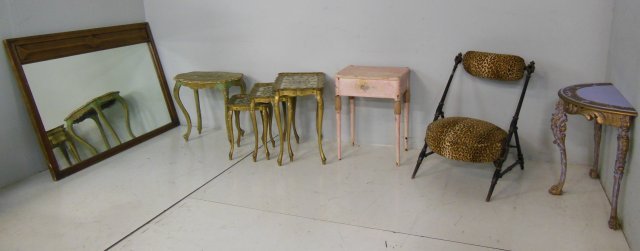 Group lot of 6 pieces of furniture: Including: Modern mirror, Italian nest of tables, chair, half moon decorated table, floral paint decorated table & lift top pink table. From the Chateau des Thon, which originally was built and locate