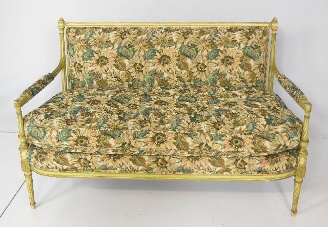Louis XVI square back settee: Painted green, with separating cushion. Approx. 33.5" x 53" W.