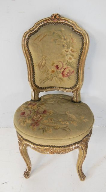 Louis XV childs paint decorated side chair: Ca. mid 19th c., with aubusson upholstery. Approx. 28.5" H x 15" W x 14" D.