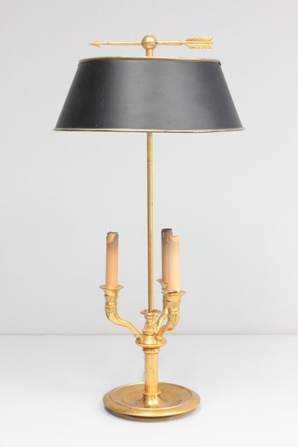 Gilt bronze bouillotte lamp with Tole shade: Approx. 26.5" H x 13.25".