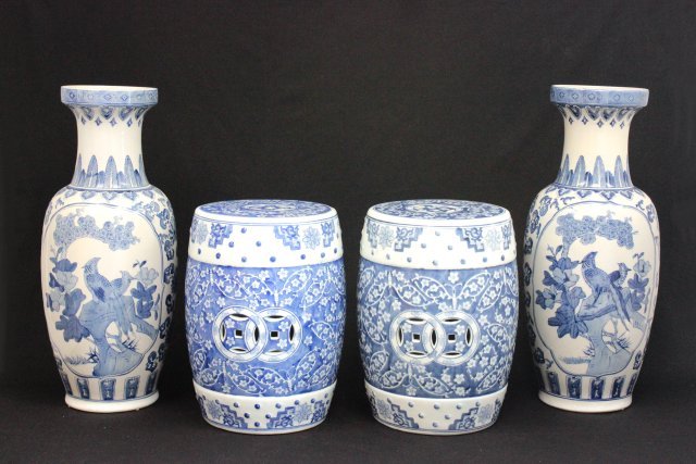 Group lot of blue & white Oriental smalls: 1- Pair blue & white Oriental vase, approx. 27" H. 1- Pair blue & white garden stools.