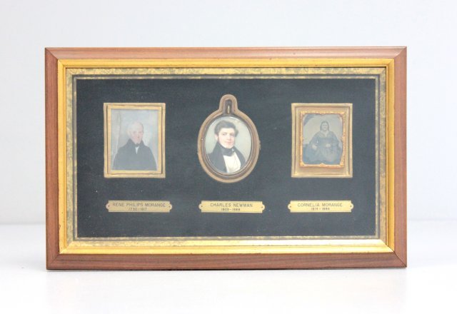 3 framed pictures of family members: 18th/19th c., Rene Philips Morange, Charles Newman & Cornelia Morange. Frame approx. 16.5" x 10". From the estate of Doris Schwerin, Author.