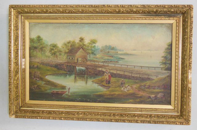 Gilt framed oil painting "People by Bridge": Signed, frame as is. Image approx. 19" x 32", 25" x 39" with frame.
