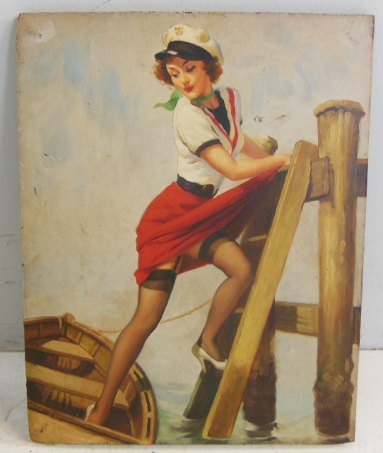 Oil painting ca. 1940-50's: Depicting "Pin Up Girl Getting out of Boat", unframed, on board. Approx. 11.25" x 14.25".