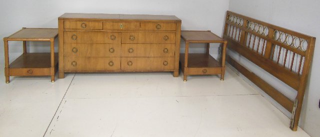 Modern 4 piece Baker Furniture bedroom set: Including: 1- Dresser, approx. 32" H x 62.5" W x 19" D. 2- Night stands, approx. 22.5" H. 1- King size bed, approx. 78" W.