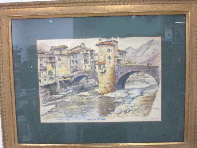 Watercolor signed Joseph Margulies: "Bridge Over Water, " signed lower right. Joseph Margulies (American 1896-1984). Approx. 13" H. X 18" W.