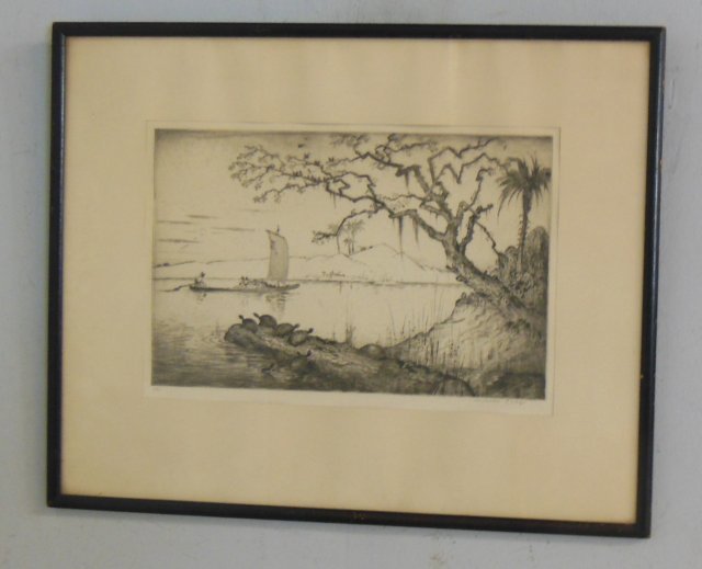Harrison Cody signed etching: Bayou Country, "On the Lagoon". Image approx. 8.5" x 13.25", 16.5" x 20.5" with frame.