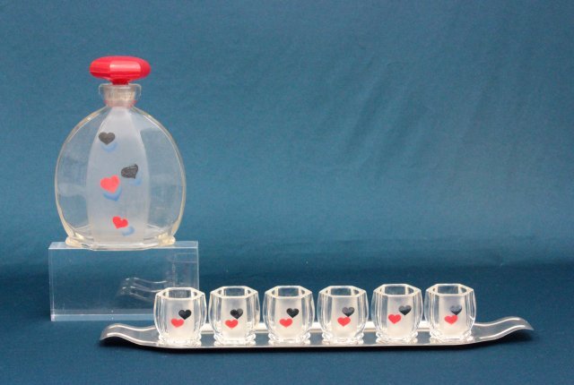 Crystal Art Deco liquor set: Possibly Russian. Decanter with 6 shot glasses with "Heart" motif on metal tray.