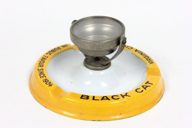 Advertising ashtray "Virginia Cigarette": "Black Cat with Dice". Approx. 3" H x 6" D. Part of a 50 year collection from a NJ gentleman.
