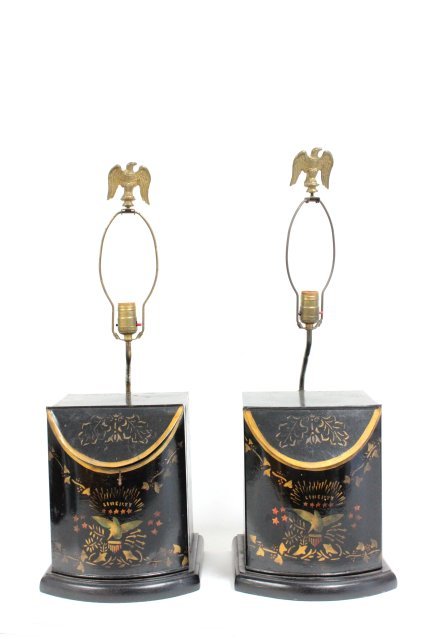Pair 19th c. tole tea cans mounted as lamps: Approx 30" H to finial.