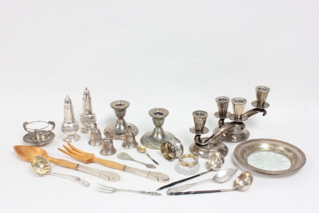 Group lot of sterling & European silver: Including: Candle holders, salt & pepper shakers, salad set, napkin ring, etc. 22 pieces in total.