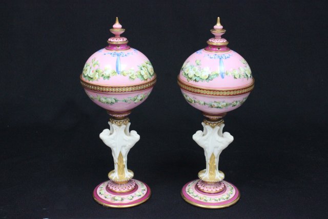 Pair rare Minton covered figural vases: With figural "Birds". Approx. 9.25" H. 1 has a repair to the top