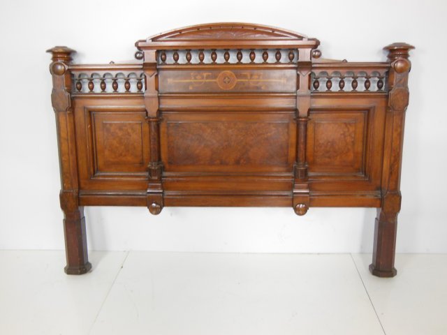Inlaid walnut Victorian headboard: Approx. 49" H c 64" W.