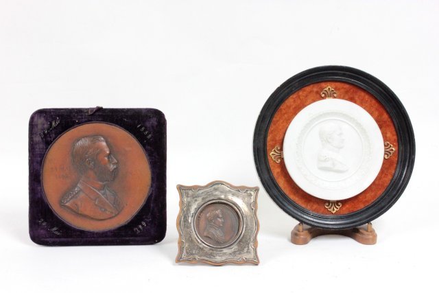 3 framed plaques: Including: Bronze plaque of "Duke of York", approx. 9.25" Diam. Silver framed plaque of "Napoleon, approx. 6.25". Framed bisque plaque of "Napoleon" ca. 1865, approx. 4.25" square. Part of a 50 year c