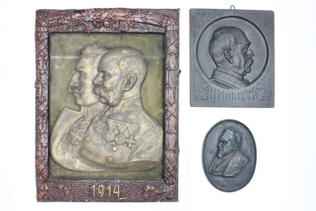 Group lot of 3 plaques: Including: "Sir Moses Montefiore", "Bismarck", "Kaiser Wilhelm" & "General of WWI". Approx. 9" x 6.6", 12" x 10.5", 23.5" x 17.25". Part of a 50 year collection from a NJ gentleman.