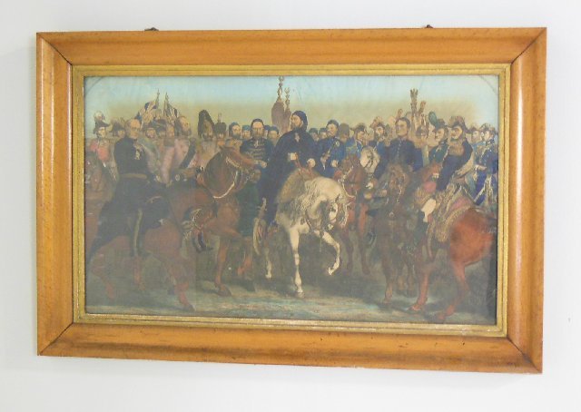 Handcolored lithograph of Napoleonic Wars: "Soldiers on Horseback", mounted in birds eye maple frame. Image approx. 29" W x 17" H. Part of a 50 year collection from a NJ gentleman.