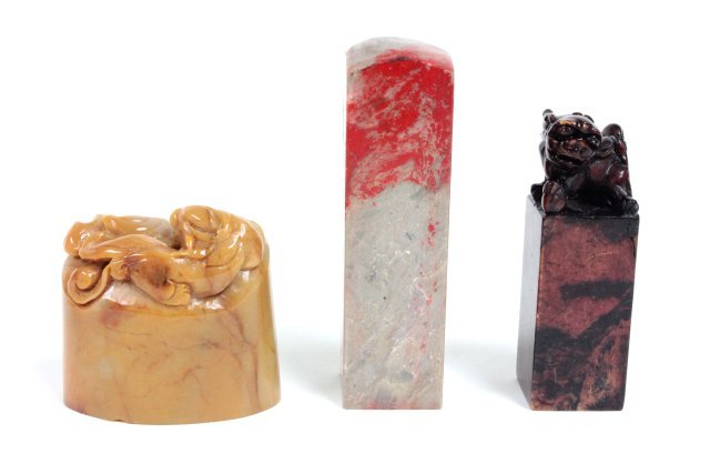 Set of 3 Chinese soapstone seals: Tallest approx. 3.5" H.