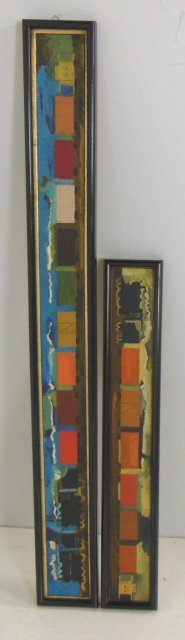 2 Sterling Boyd Strauser oil paintings: Depicting "Trains", on board. Approx. 30" x 4" & 48" x 4".