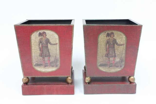 Pair tole planters: With "Figural" decoration. Approx. 8.5" H x 5.5" D x 6.5" W.