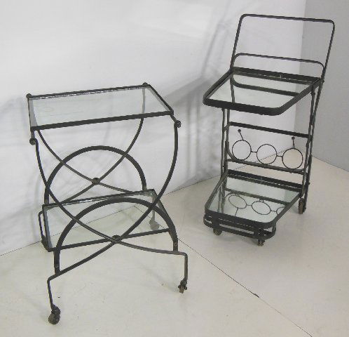 2 Industrial metal & glass tea carts: 1- with shopping cart design.