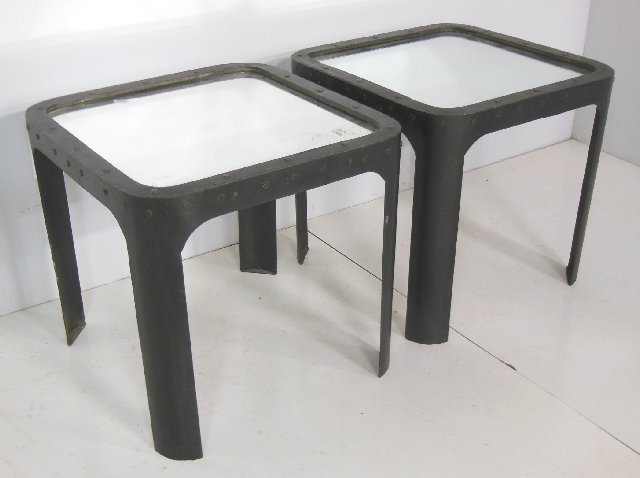 Pair Industrial steel mirrored top lamp tables: Square with black finish. Approx. 24" x 23" H.