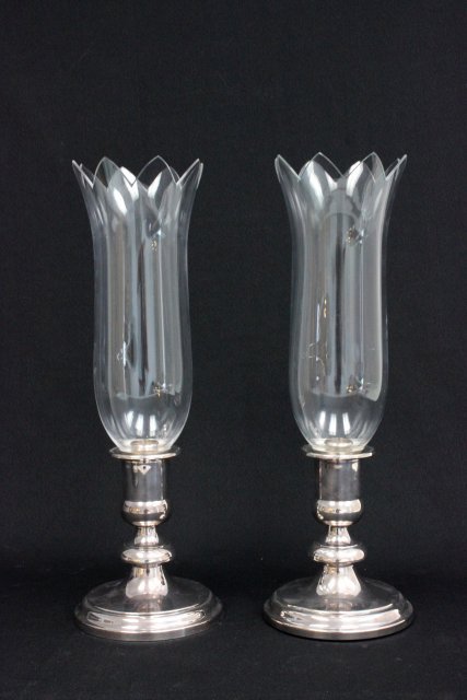 Pair Christofle silver plate &crystal candleholder: With hurricane shade. Approx. 16.5" H.