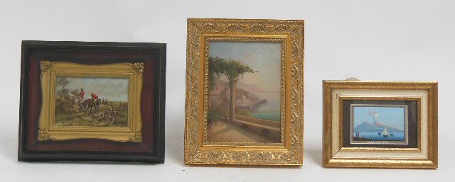 Lot of 3 Paintings: Lot of 3 of paintings including: a) "English Hunt" gilt framed in shadow box frame. Painting on wood. Approx. 4" X 6". b) Italian oil on board "Coastal Hillside Town". Artist signed lower right. Appro